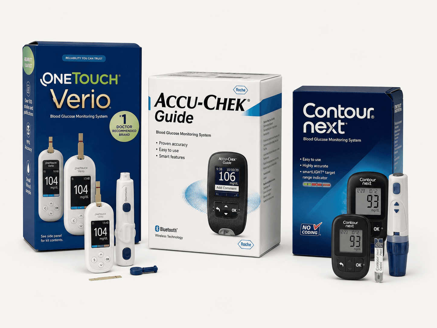 OneTouch Verio, Accu-Chek Guide, and Contour Next test strip boxes