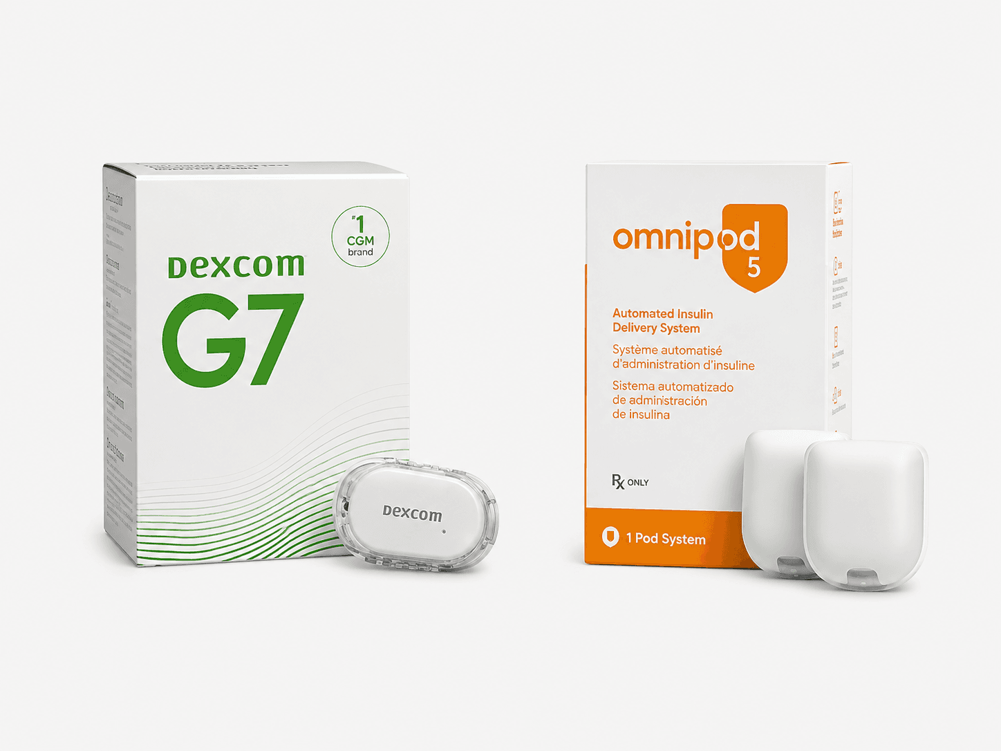 Dexcom G7 continuous glucose monitor and Omnipod 5 automated insulin delivery system