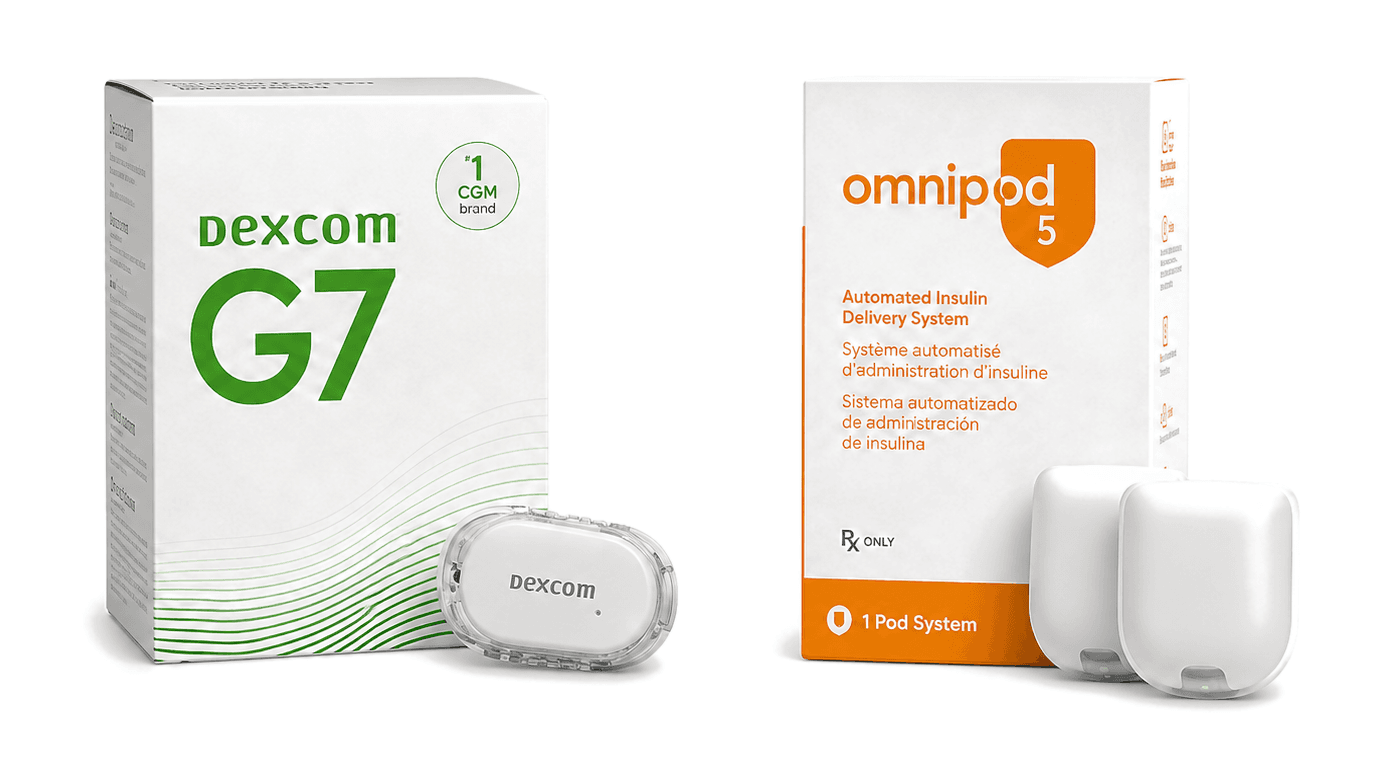 Dexcom G7 continuous glucose monitor and Omnipod 5 automated insulin delivery system