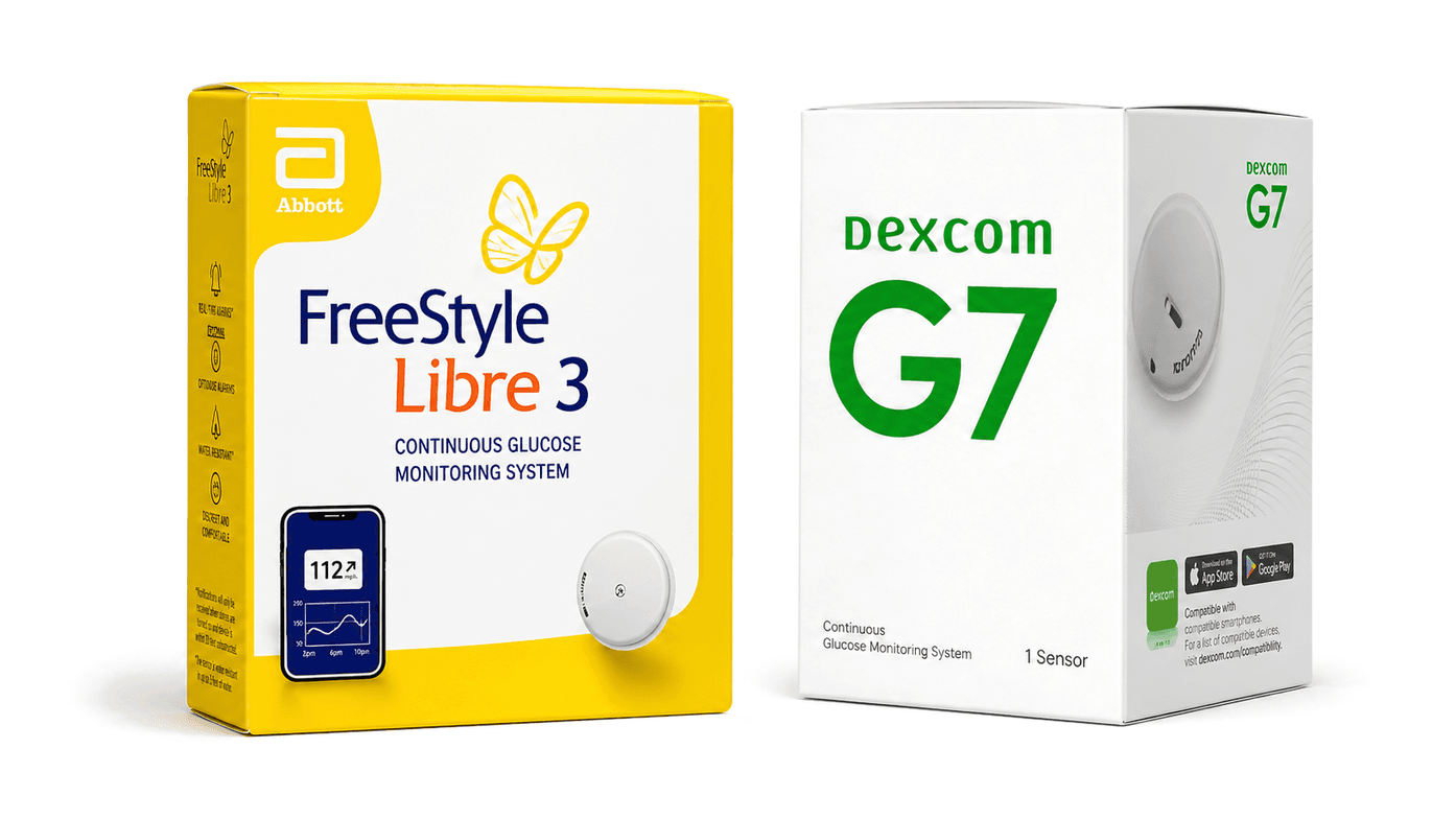 FreeStyle Libre 3 and Dexcom G7 OTC diabetic product boxes
